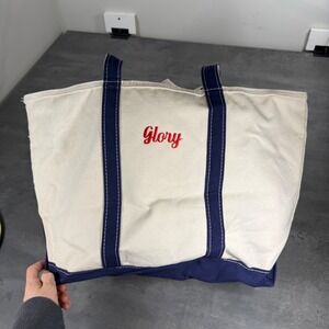 Vintage L.L. Bean Boat and Tote Bag Unisex Large Cream Navy Blue USA Zip Top